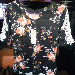 Floral Black Top with Lace Sleeves